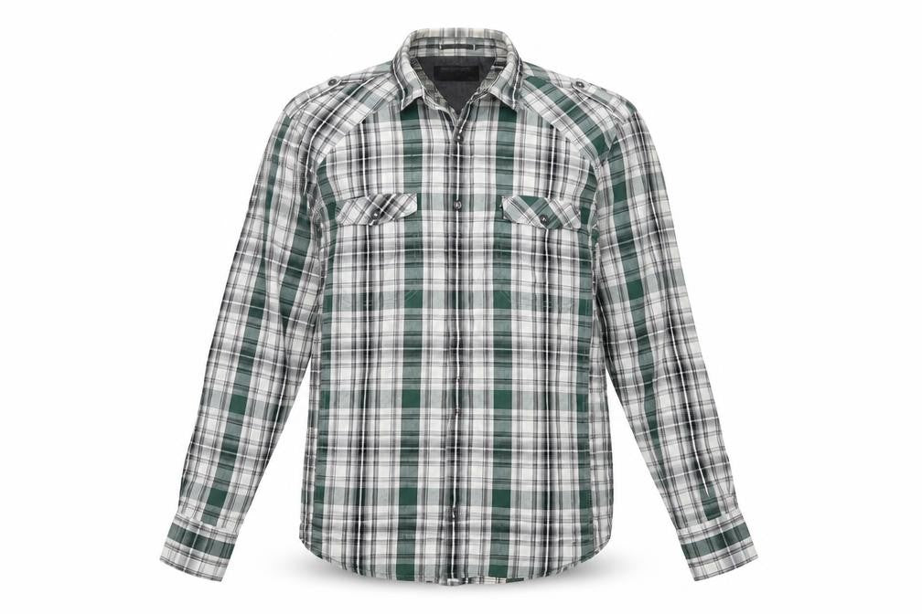 Front view of Burton men’s grey plaid button-up, size L