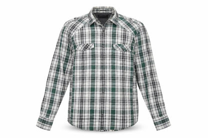Front view of Burton men’s grey plaid button-up, size L
