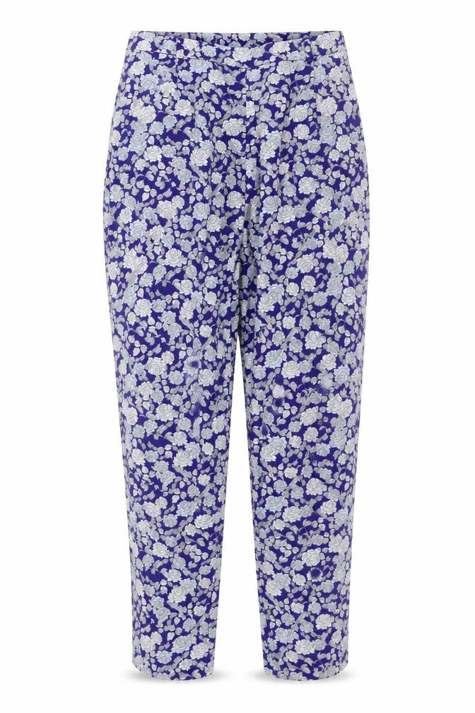 Front view of ASOS women’s blue floral trousers, size UK 12, 24-inch leg