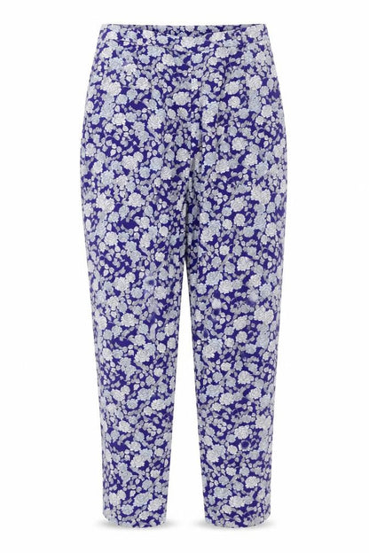 Front view of ASOS women’s blue floral trousers, size UK 12, 24-inch leg