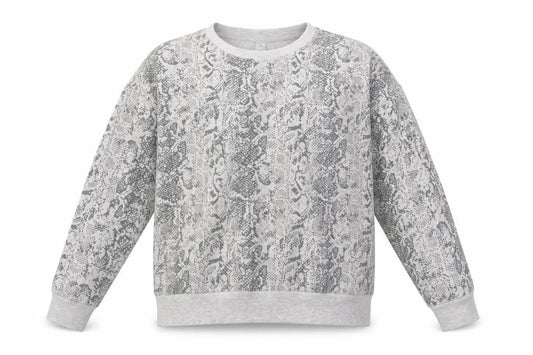 Front view of 90 Degree women’s grey animal print pullover sweatshirt, size M