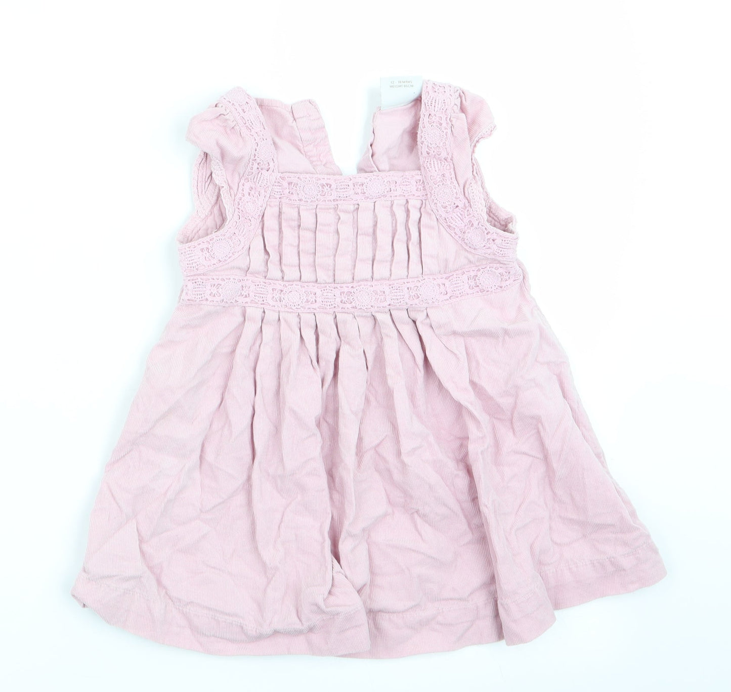 NEXT Girls Pink  Corduroy Pinafore/Dungaree Dress  Size 12-18 Months  - Lace trim