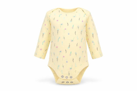 Front view of F&F girls’ yellow floral romper one-piece, size 0-3, months
