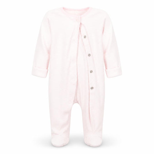 Front view of F&F girls’ pink striped babygrow one-piece, size 3-6, months
