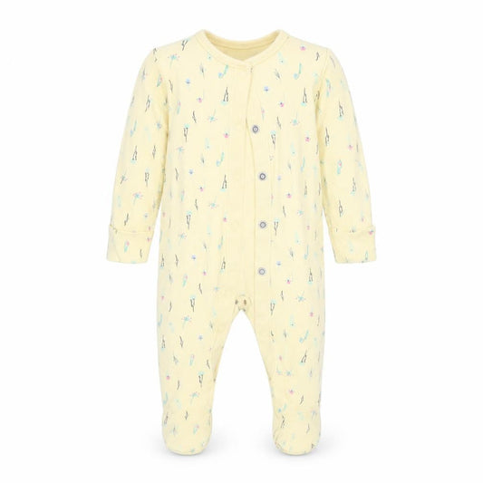 Front view of F&F girls’ yellow floral babygrow one-piece, size 3-6, months