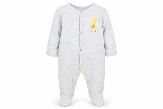 Front view of Mothercare boys’ grey animal print babygrow one-piece size newborn - giraffe logo
