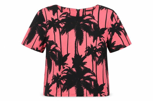 Front view of Atmosphere women’s pink basic t-shirt, size UK 10, - palm tree