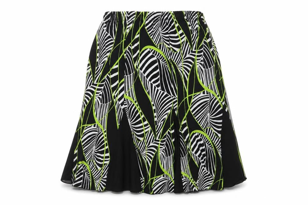 Front view of ORDER women’s black geometric a-line skirt, size UK 32, in
