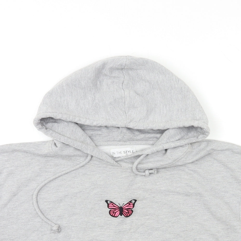Close-up detail of In the Style women’s grey pullover hoodie, size L