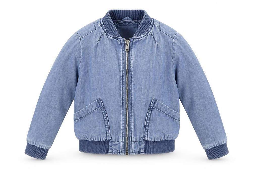 Front view of Next girls’ blue bomber jacket jacket, size 5, years