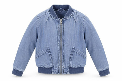 Front view of Next girls’ blue bomber jacket jacket, size 5, years