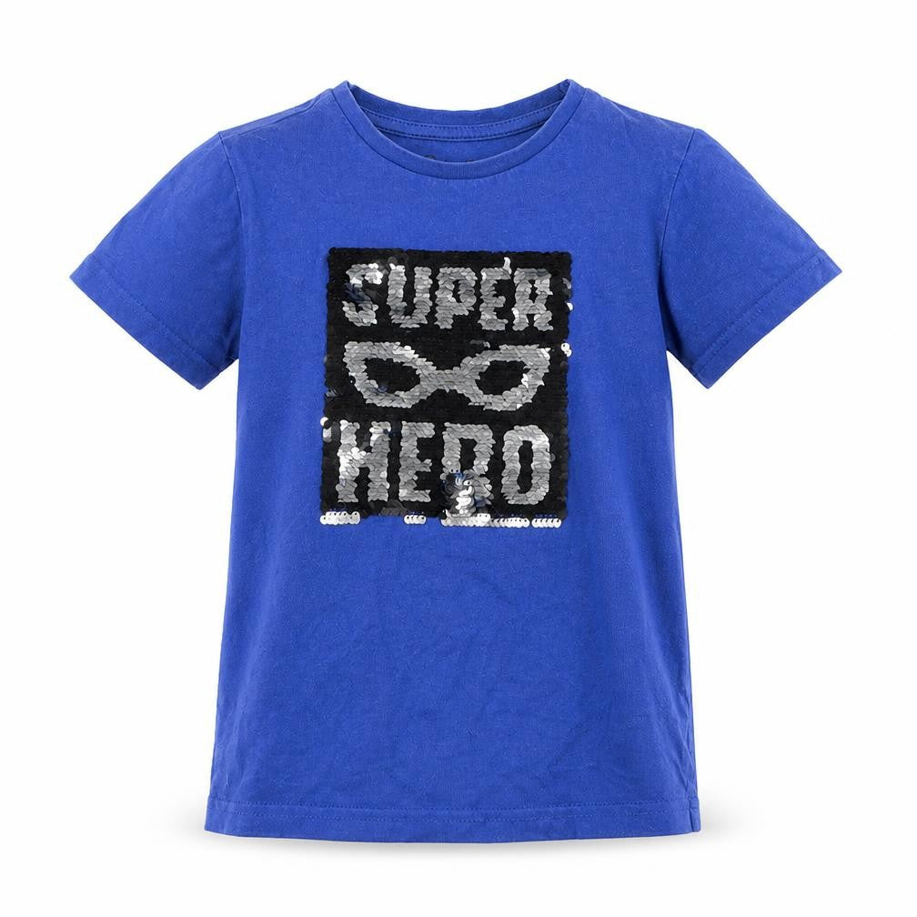 Front view of Primark boys’ blue basic t-shirt, size 4, years - super hero