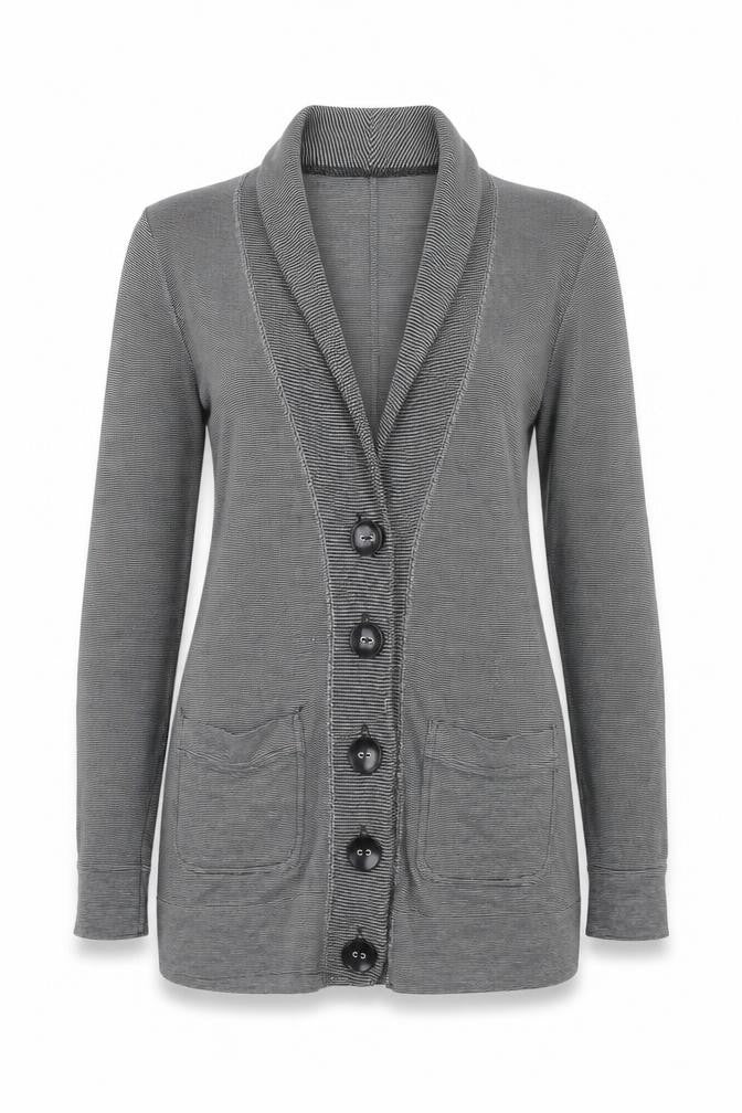 Front view of River Island women’s grey striped cardigan jumper, size UK 8
