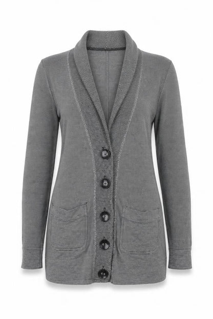 Front view of River Island women’s grey striped cardigan jumper, size UK 8