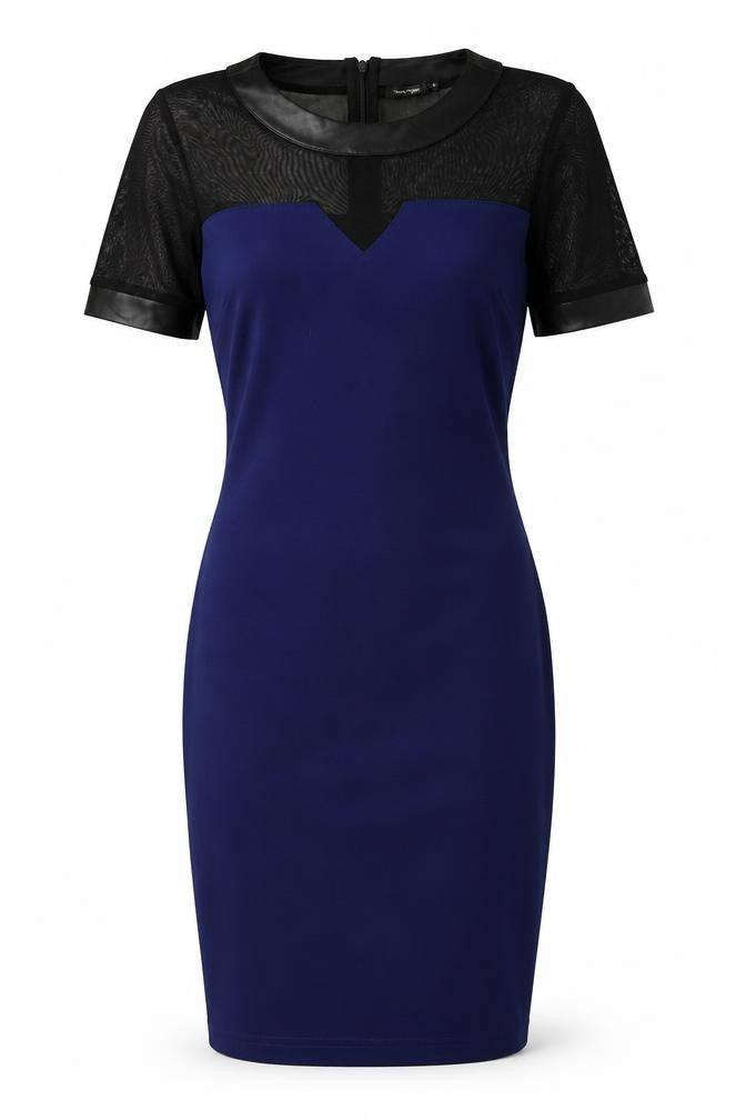 Front view of River Island women’s blue pencil dress, size UK 8, - mesh sleeve