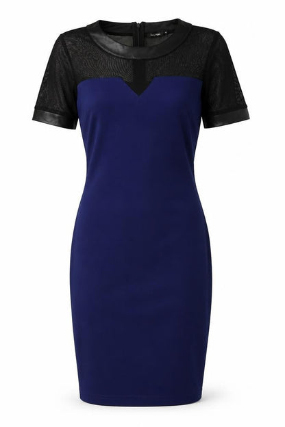 Front view of River Island women’s blue pencil dress, size UK 8, - mesh sleeve