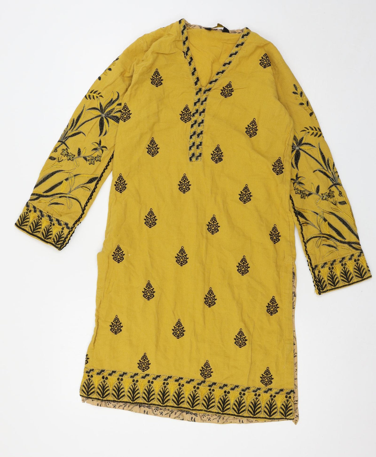 Front view of Jacquard women’s yellow geometric basic blouse, size S