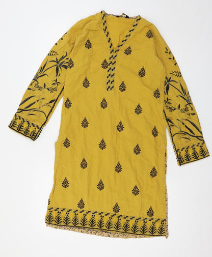 Front view of Jacquard women’s yellow geometric basic blouse, size S