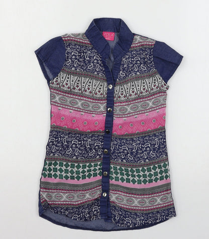 Zola Girls Blue Geometric  Basic Button-Up Size S