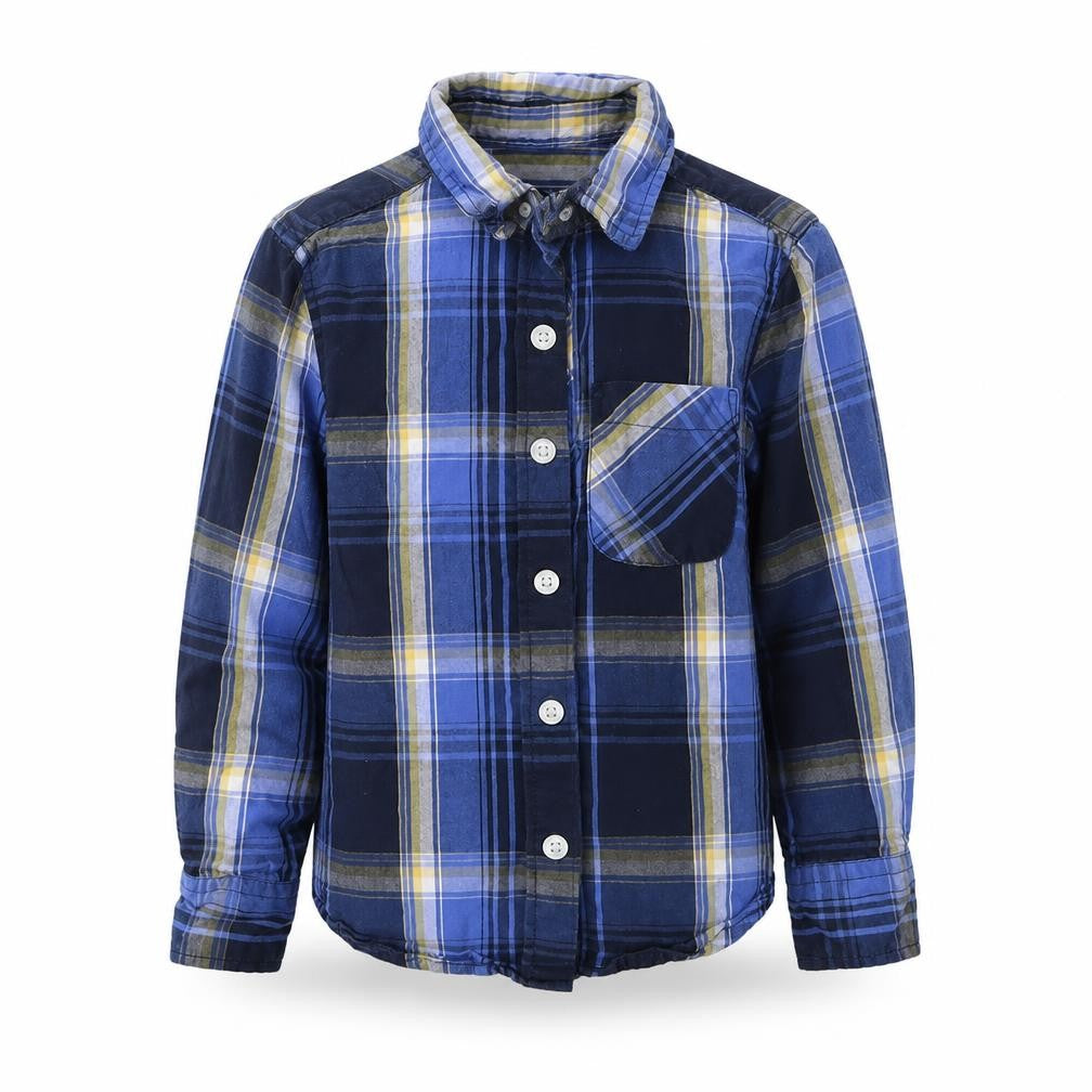 Front view of Blue Zoo boys’ blue plaid basic button-up, size 5, years