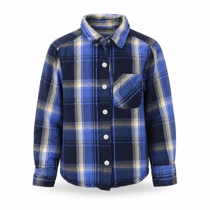 Front view of Blue Zoo boys’ blue plaid basic button-up, size 5, years