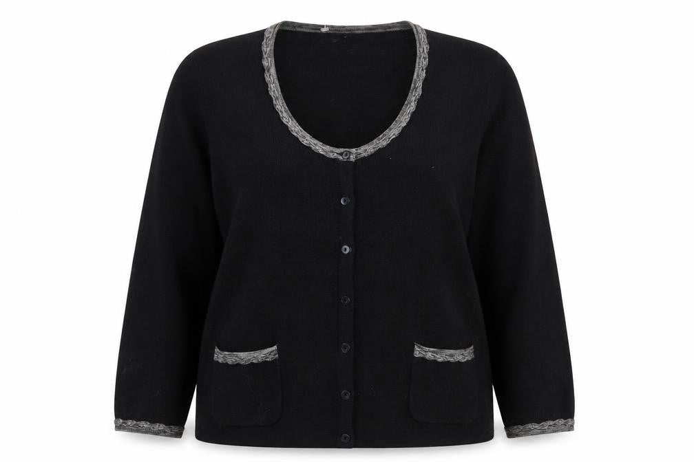 Front view of david emanuel women’s black cardigan jumper, size UK 10