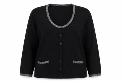 Front view of david emanuel women’s black cardigan jumper, size UK 10