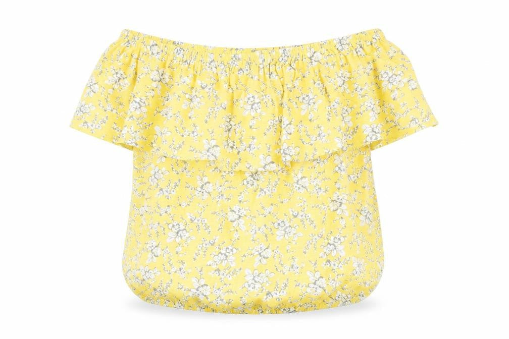 Front view of Next women’s yellow floral basic blouse, size UK 10