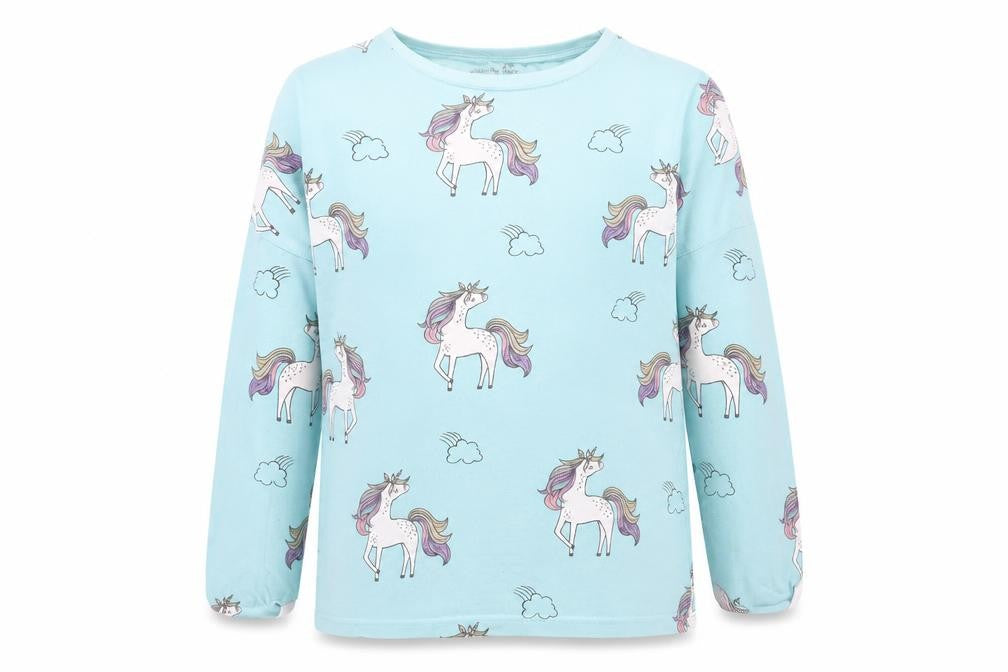 Front view of Next girls’ blue animal print top pyjama top, size 13, years