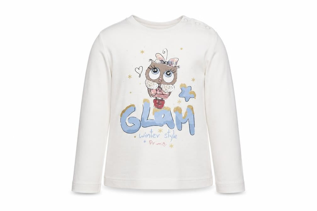 Front view of PRIMIGI girls’ white geometric basic t-shirt, size 10, years