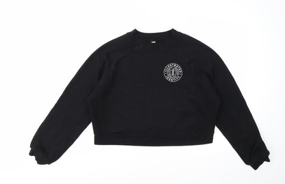 Additional front view of women’s black geometric pullover sweatshirt, size M