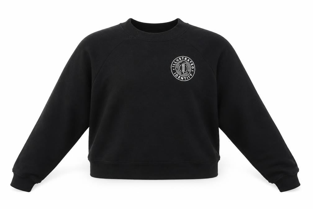 Front view of women’s black geometric pullover sweatshirt, size M