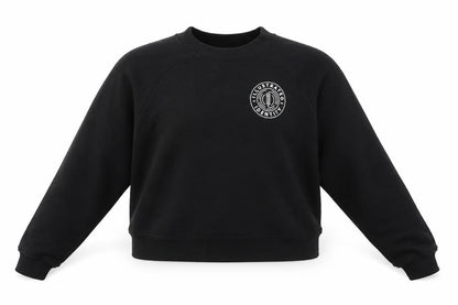 Front view of women’s black geometric pullover sweatshirt, size M