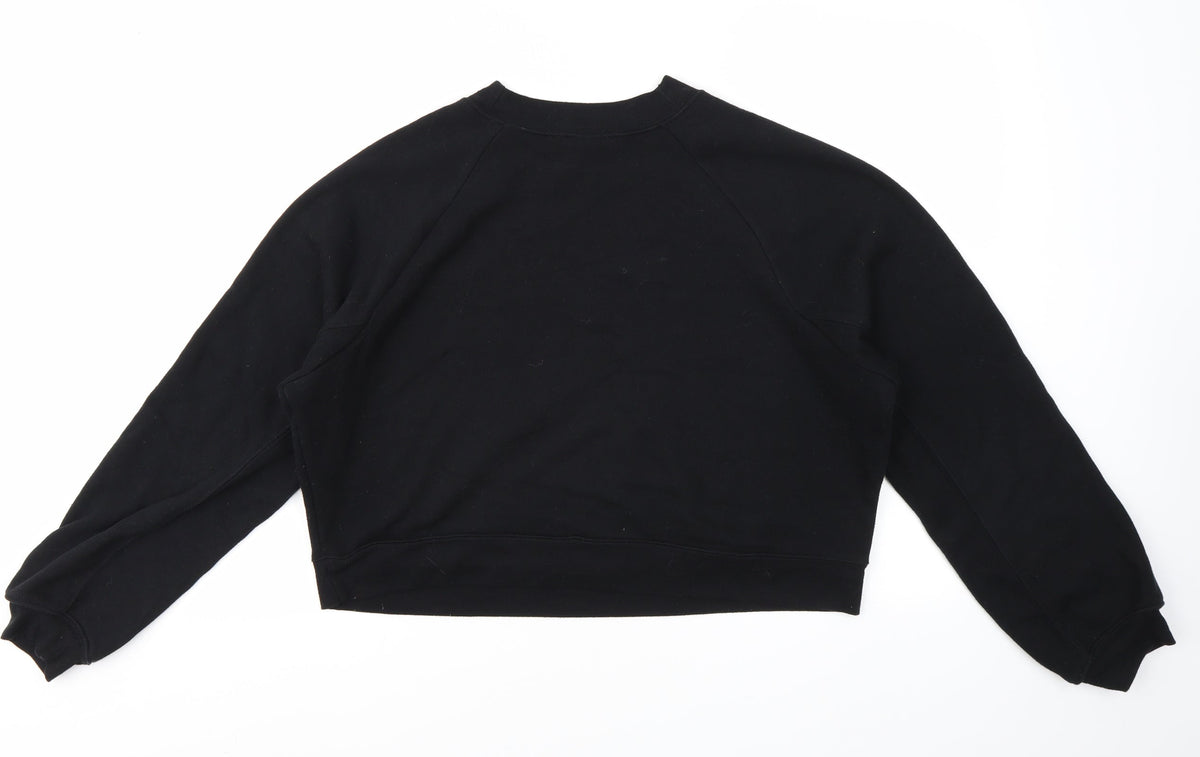 Back view of women’s black geometric pullover sweatshirt, size M