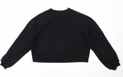 Back view of women’s black geometric pullover sweatshirt, size M