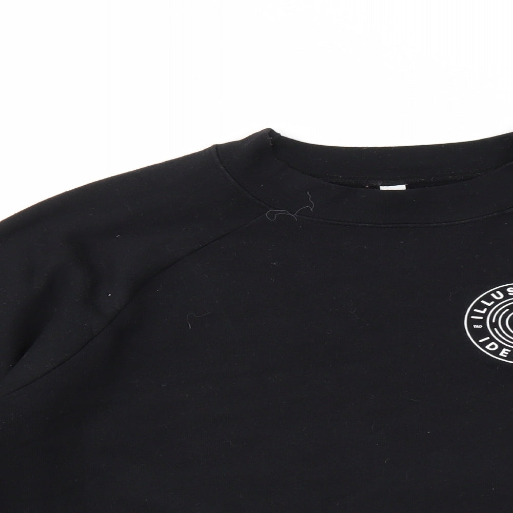 Close-up detail of women’s black geometric pullover sweatshirt, size M