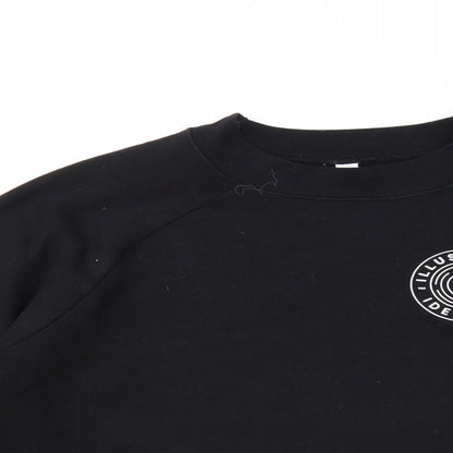 Close-up detail of women’s black geometric pullover sweatshirt, size M
