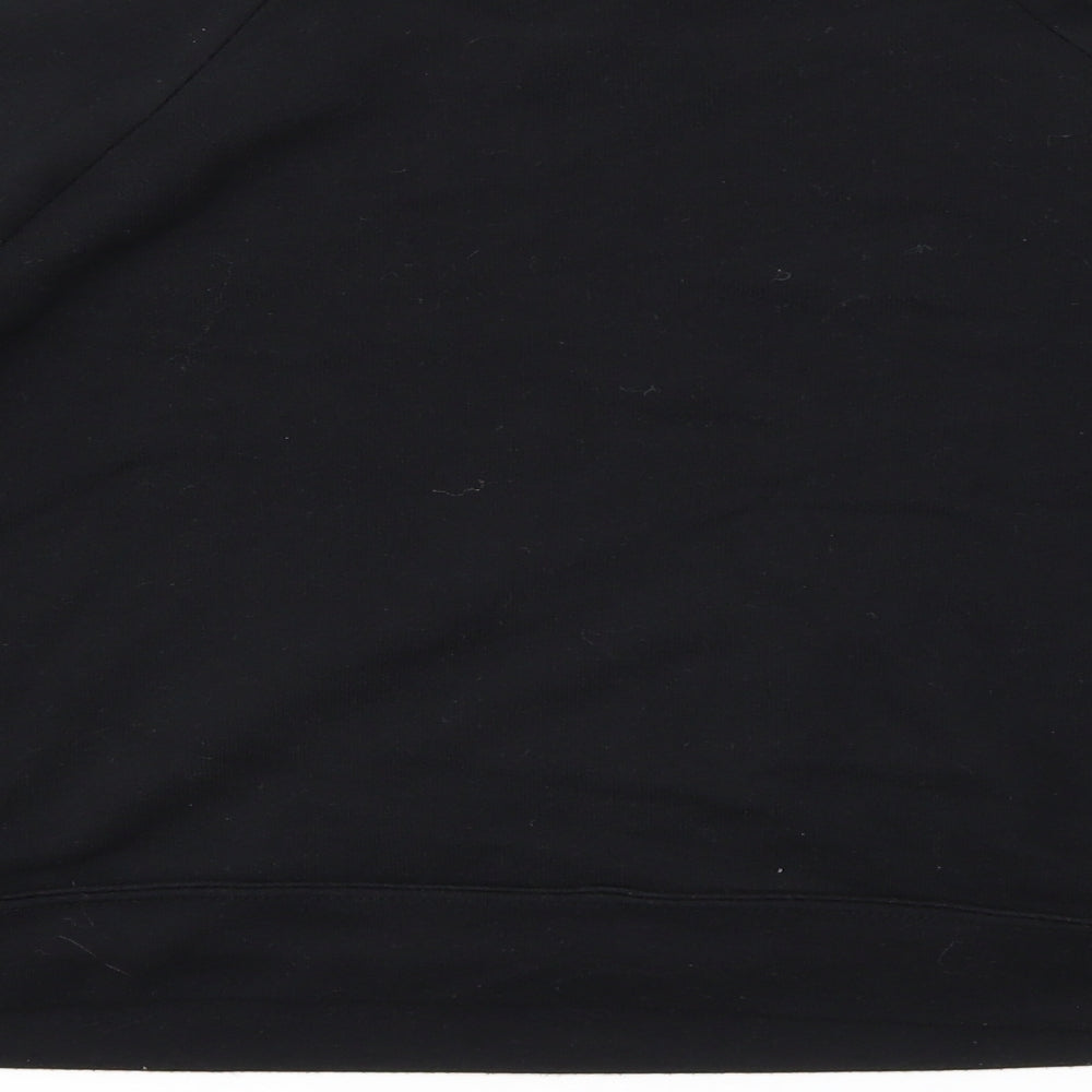 Brand and care label for women’s black geometric pullover sweatshirt, size M