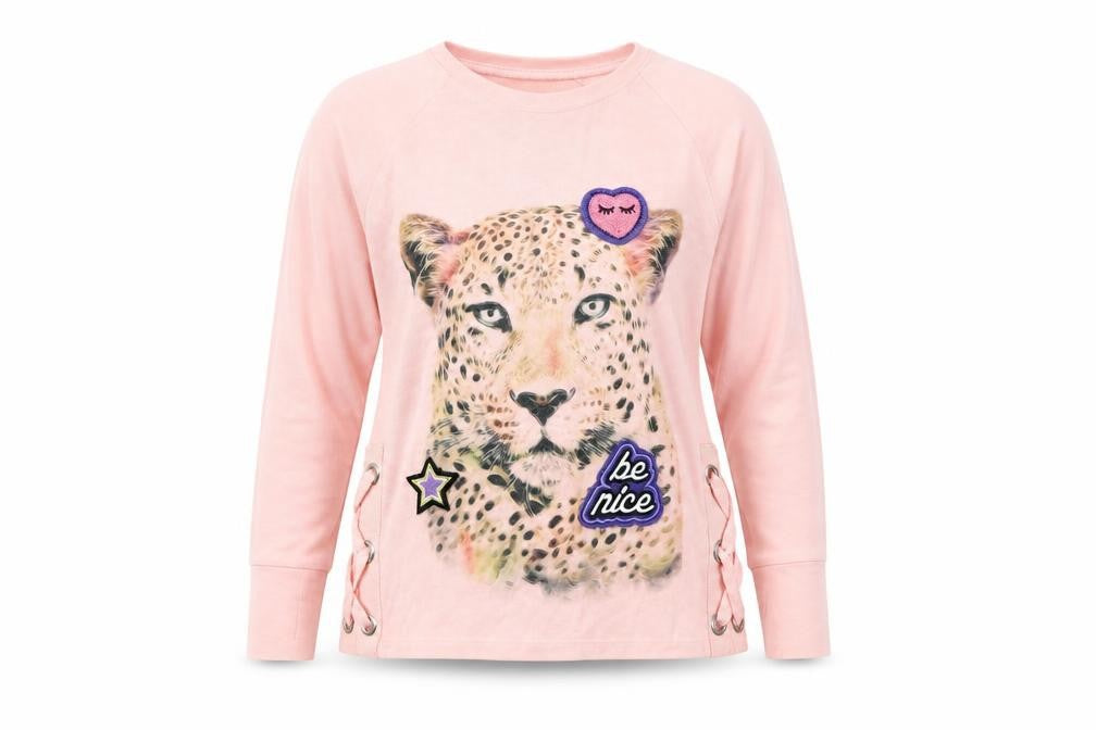 Front view of PREWORN girls’ pink animal print basic t-shirt, size S