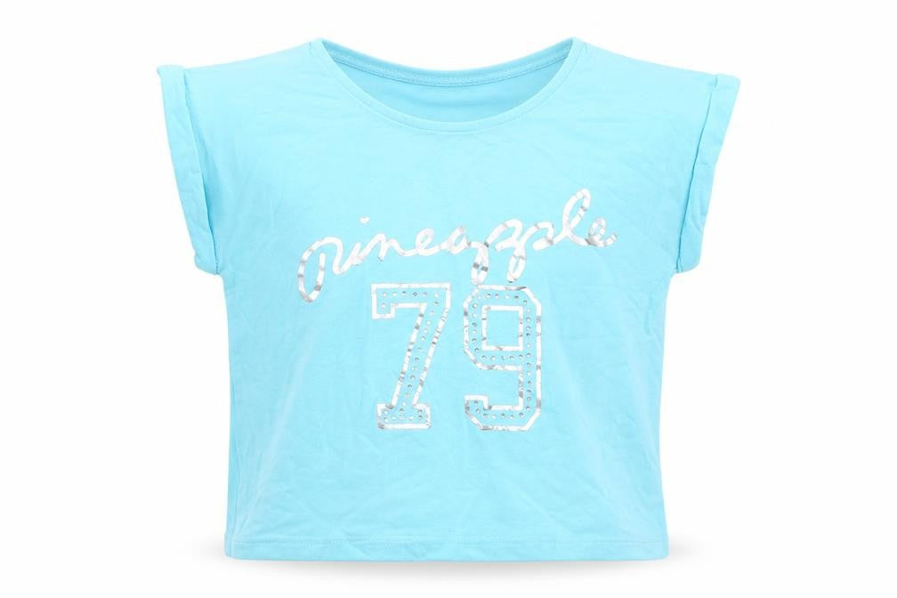 Front view of PINAPLE girls’ blue geometric basic t-shirt, size 7-8, years