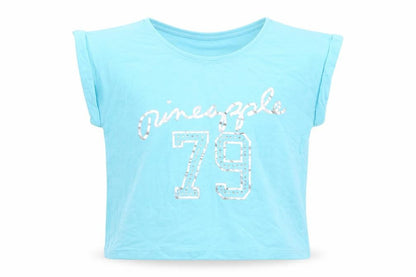 Front view of PINAPLE girls’ blue geometric basic t-shirt, size 7-8, years