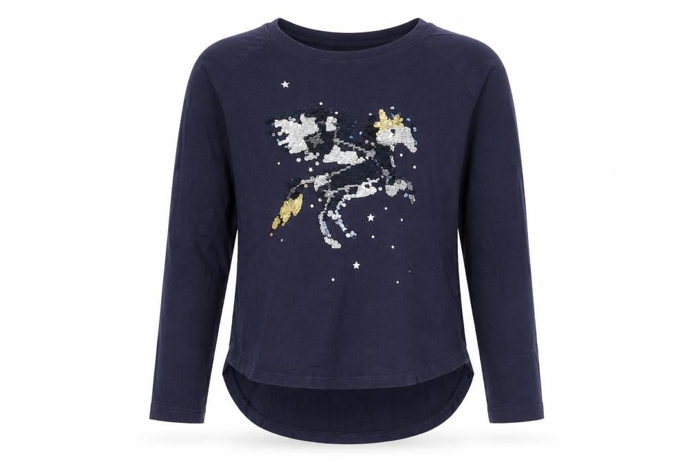 Front view of Gap girls’ blue geometric basic t-shirt, size S
