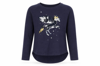 Front view of Gap girls’ blue geometric basic t-shirt, size S