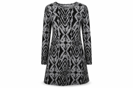 Front view of Ribbon women’s grey geometric knit jumper dress, size UK 8
