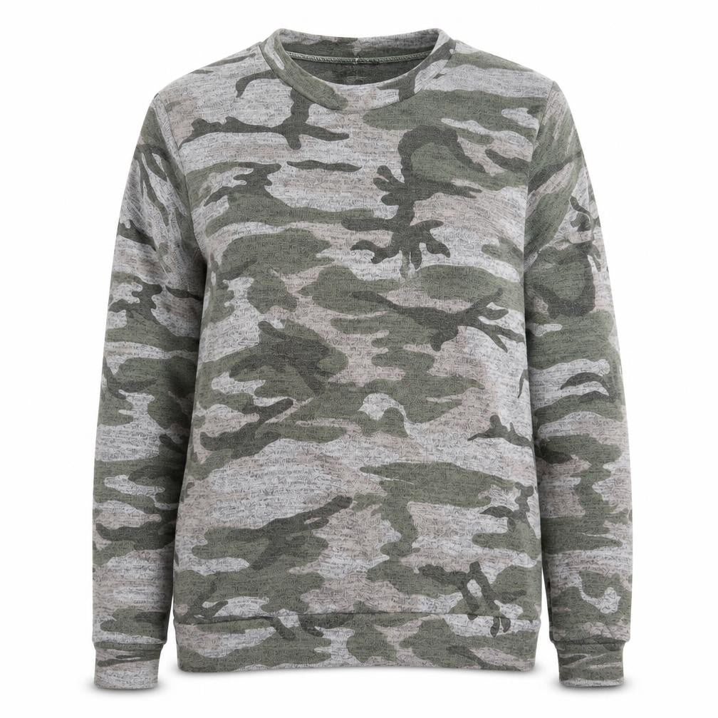 Front view of DX London women’s grey camouflage knit jumper, size L
