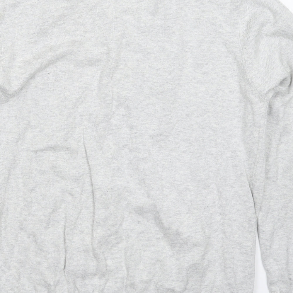 Brand and care label for Outrage men’s grey knit jumper, size L