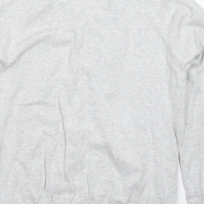 Brand and care label for Outrage men’s grey knit jumper, size L