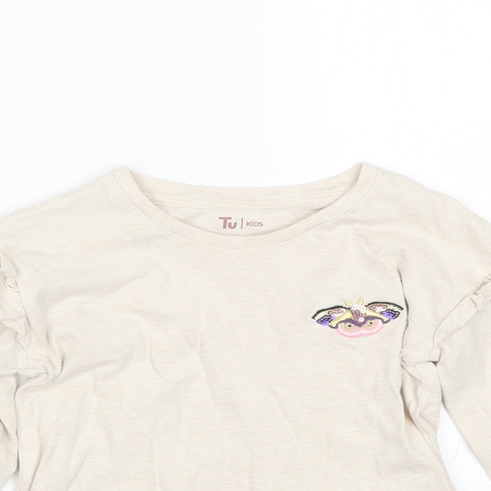 Close-up detail of Tu girls’ beige basic t-shirt, size 5, years - butterfly