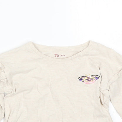 Close-up detail of Tu girls’ beige basic t-shirt, size 5, years - butterfly