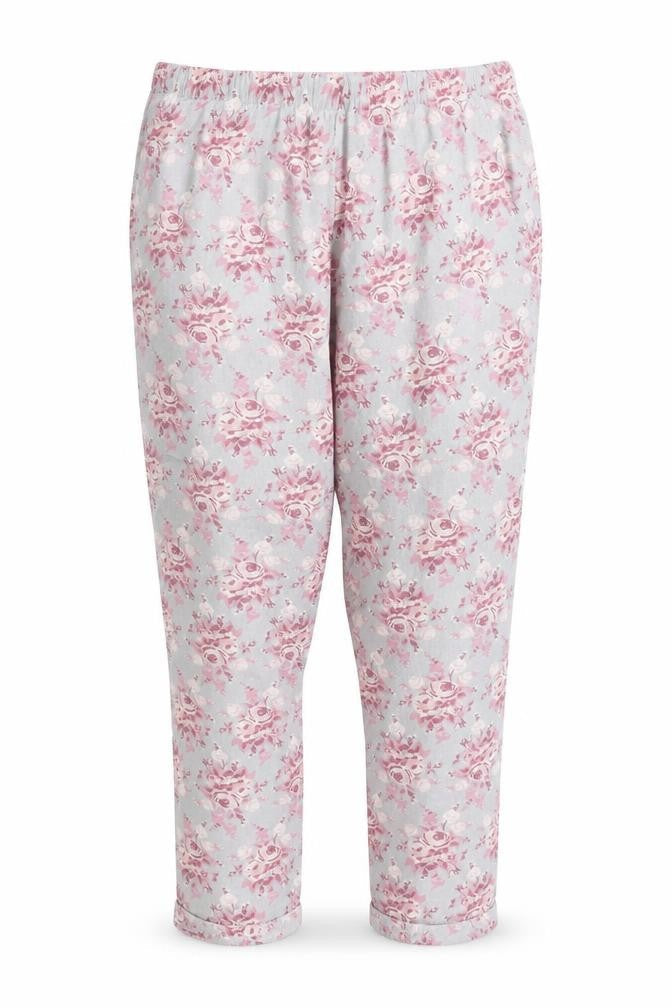 Front view of H&M women’s blue floral trousers, size L, 25-inch leg